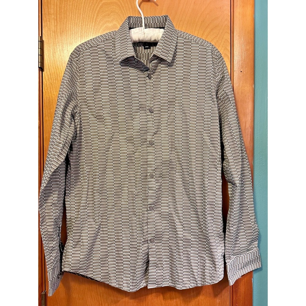 Alfani Men's Gray Black White Pattern 100% Cotton Button Down Shirt Medium
